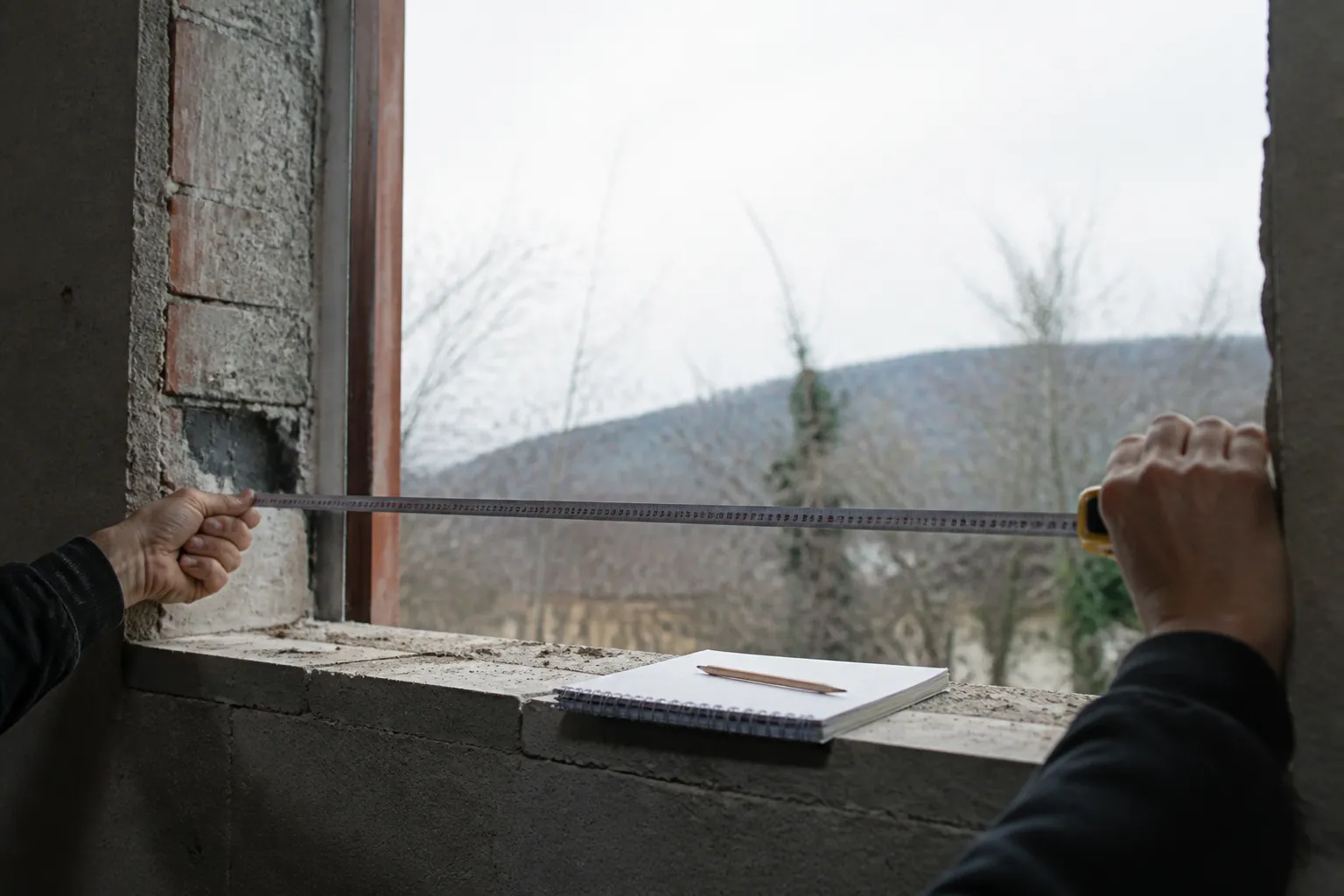 Deux mains déployant un mètre ruban en travers d’un tableau de baie pour en relever la largeur, carnet à spirale et crayon posés sur l’appui, aucun visage dans le cadre