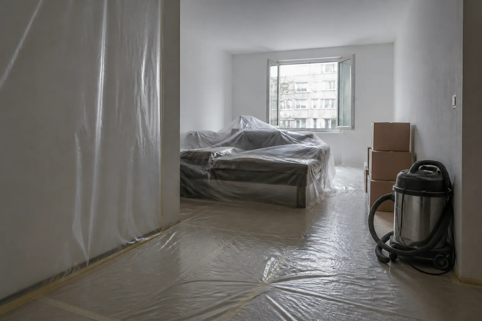 Pièce d’un logement occupé préparée avant travaux : film de protection scotché au sol, meubles regroupés et bâchés, bâche de séparation tendue à l’entrée, baie ouverte au fond